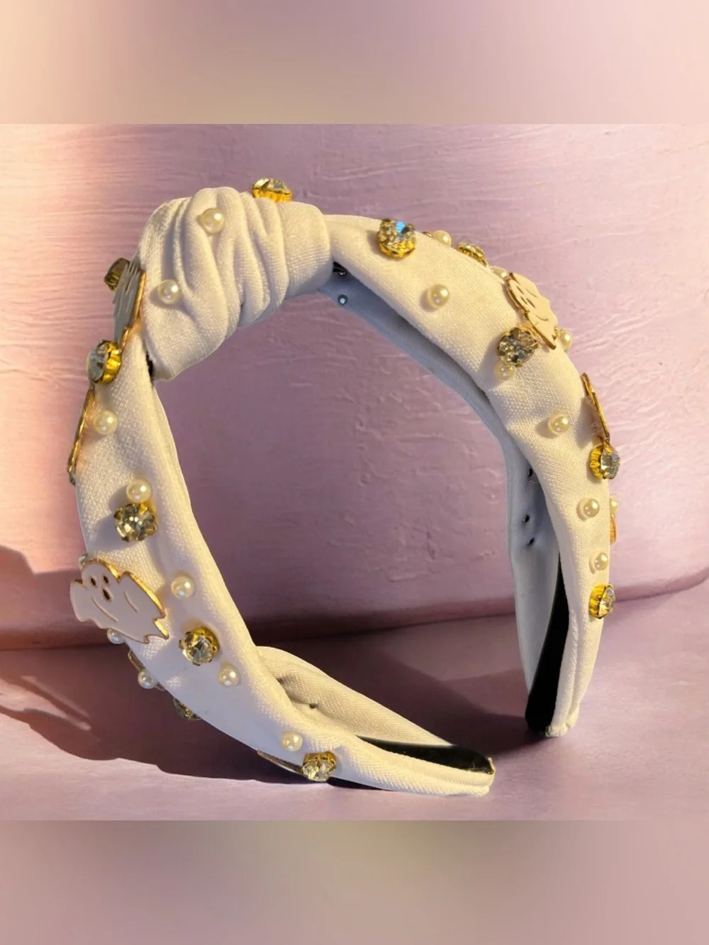 Hand Crafted Ghost Charm Headband with Faux Pearls & Crystals
